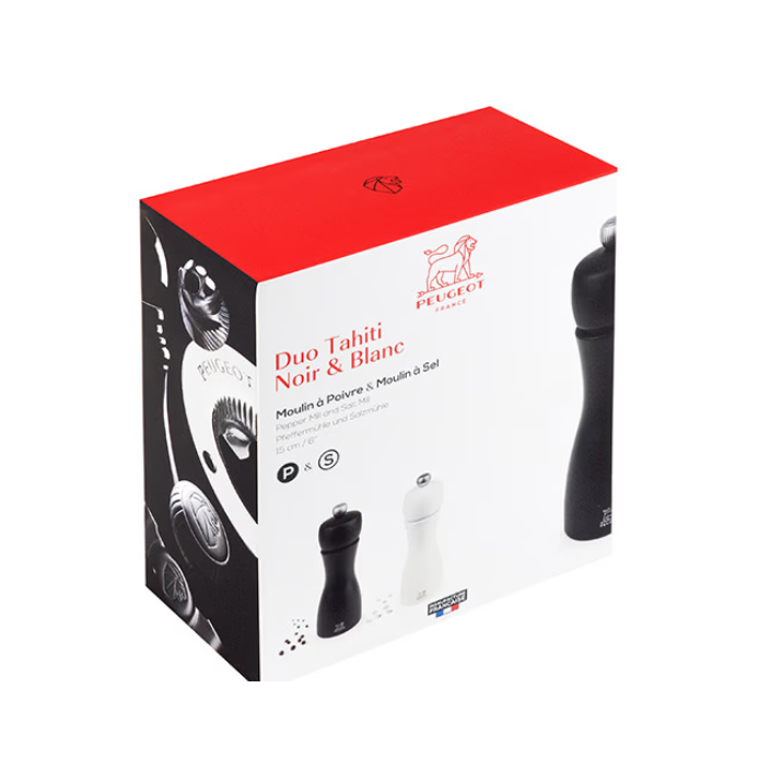 Peugeot Tahiti Gift Set of Manual Salt and Pepper Mill - Beech wood Black and White / 15 cm