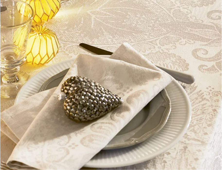 Garnier-Thiebaut Jacquard Tablecloth - Mille Isaphire Cream 69" Round Coated