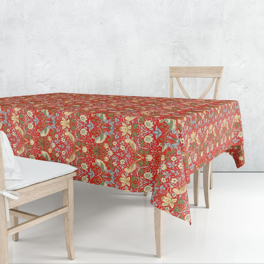 William Morris Tablecloth - Strawberry Thief / Red