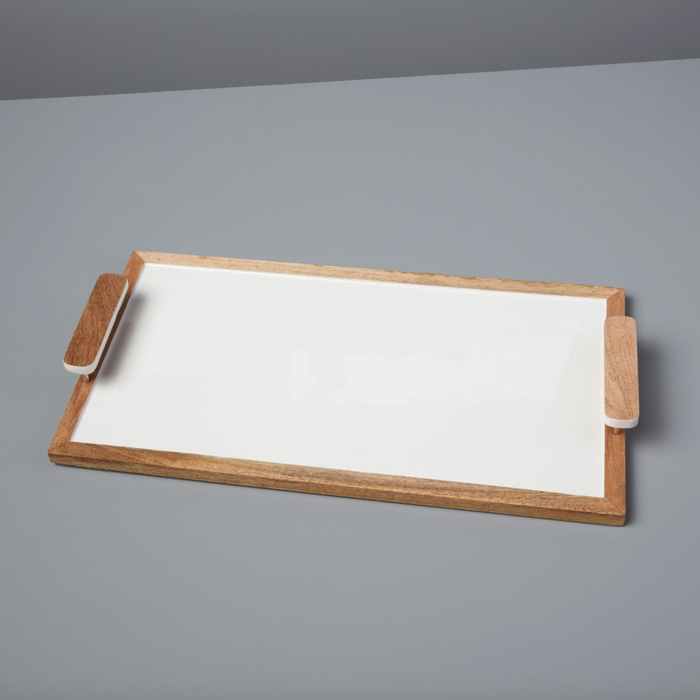 Be Home Mango Wood and White Enamel Tray